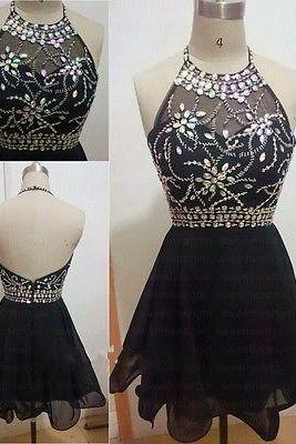 Black Chiffon Short Homecoming Dress , Sexy Back Open Mini Prom Gowns , Knee Length Wedding Party Gowns ,A lINE Crystal Cocktail Dress 