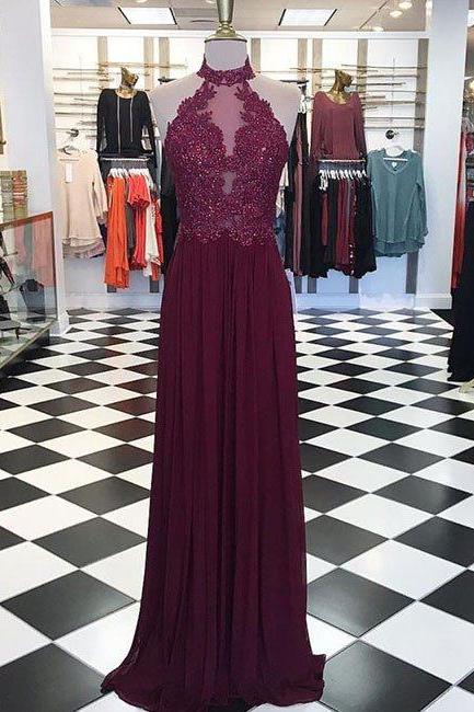  A Line Prom Dresses, Formal Women Gowns .New Arrival burgundy maroon hight neck lace long prom dress, maroon evening dress,Cheap Women Gowns .