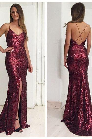 New Arrival Burgundy Sequin Prom Dresses Mermaid Sexy Backless Long Prom Gowns Spaghetti Strap Formal Evening Dress Custom Made Slit Gowns 