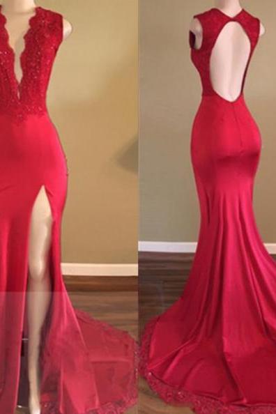 New Arrival Red Prom Dresses Mermaid Backless Satin Prom Gowns Custom Made Women Party Dress, Wedding Guest Dress,Women Gowns 