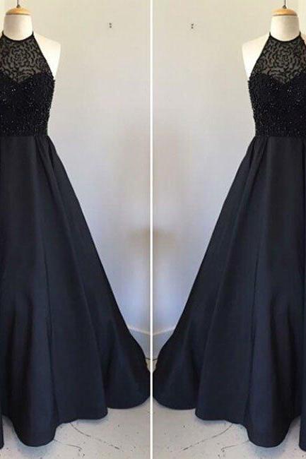 Black Crystal Beaded Prom Dress High Neck Satin Evening Dresses A Line Women Party Gowns Plus Size Prom Dress 