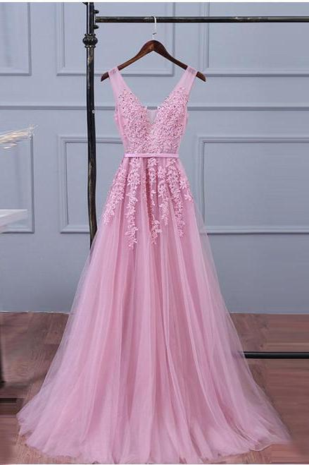 Pink Lace Prom Dresses,v Neck Evening Dress,women Formal Dress,banquet Gowns,sexy V-neck Evening Gowns ,plus Size Formal Prom Dresses