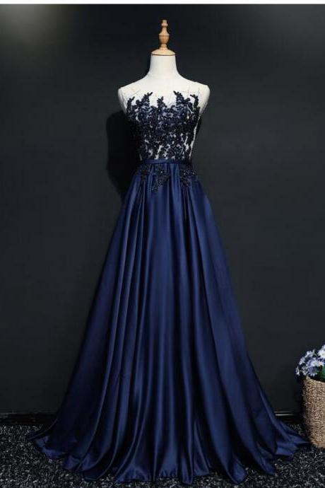 Navy Blue Lace Beaded Long Prom Dresses, Sheer Neck Appliqued Formal Evening Dress , Women Prom Gowns .