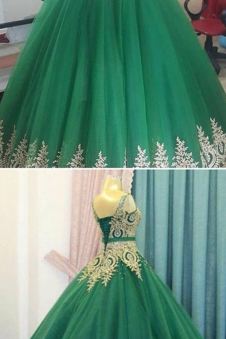 Ball Gowns Green Tulle Wedding Quinceanera Dresses ,gold Lace Appliqued Pricess Quinceanera Party Gowns, Sexy Women Party Gowns ,