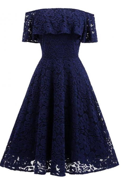 Navy Blue Short Soft Lace Prom Dress Off Shoulder Women Party Gowns , Short Bridesmaid Gowns , Party Dress . A Line Wedding Gyuest Gowns