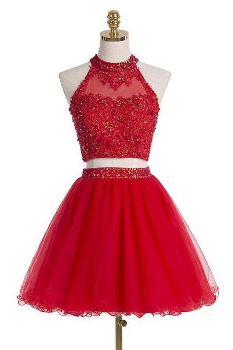Homecoming Dress Red Lace Two Pieces Cocktail Gowns Beaded Evening Party Gowns ,2 Pieces Red Lace Graduation Dress.plus Size Women Party Gowns