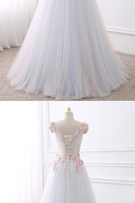 Sexy V-neck Tulle A Line Long Prom Dresses Hand Made Flowers Strapless Party Gowns Plus Size