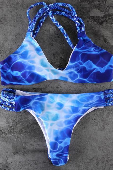 Sexy Blue Floral Printing Swimwear, Fashion Women Double-sided Braid Bikini , Women Beach Swimsuits