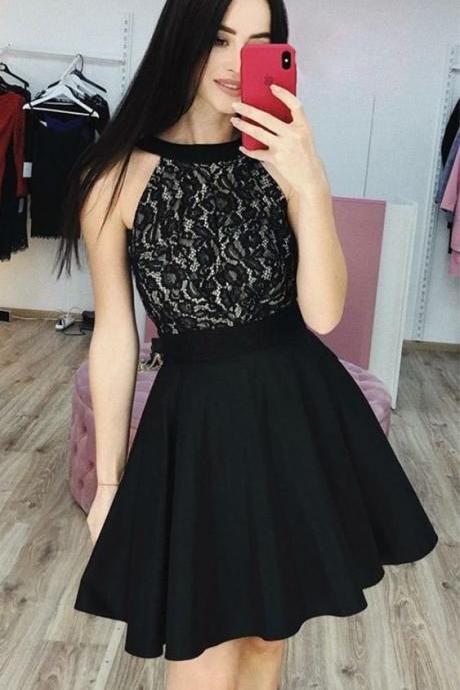 Halter Black Short Mini Homecoming Dress Lace Corset For Little Girls Party Gowns .Sexy Little Girls Graduation Dress Back Open 