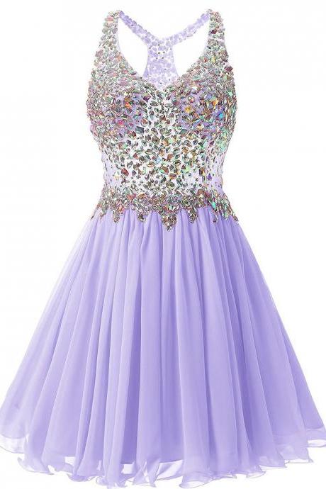 Sparkly Beaded Crystal Short Homecoming Dresses Sexy Lavender Chiffon Mini Prom Dress, 16 Graduation Dress