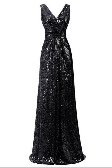Black V-neck Sequin Long Prom Dresses A Line Evening Party Gowns ,plus Size Women Pageant Dress