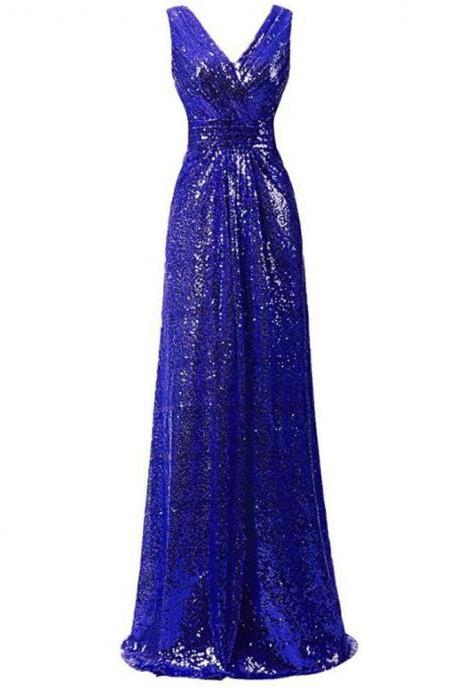 Plus Size Royal Blue Sequin Formal Prom Dress Fashion Women Party Dress A Line Summer Gowns ,v-neck Evening Dress Fashion Bridesmaid Dresses