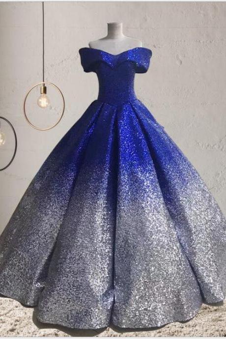 Shiny Blue And Gray Sequin Gradient Women Prom Dresses Putty , Wedding Party Gowns .long Prom Gowns