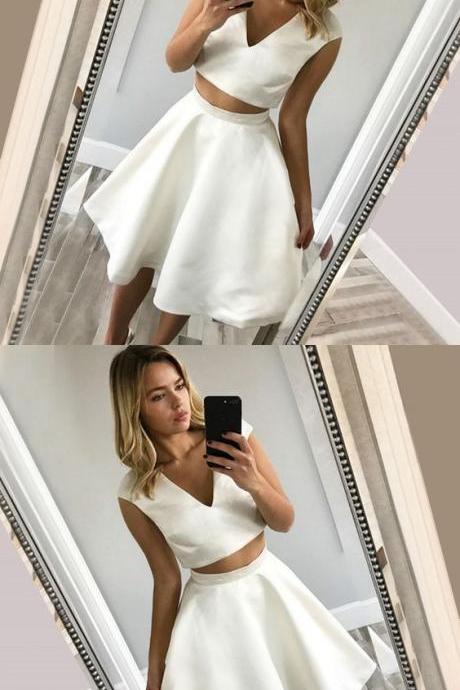 A Line White Two Pieces Homecoming Dress 2018 Plus Size Satin Prom Party Gowns