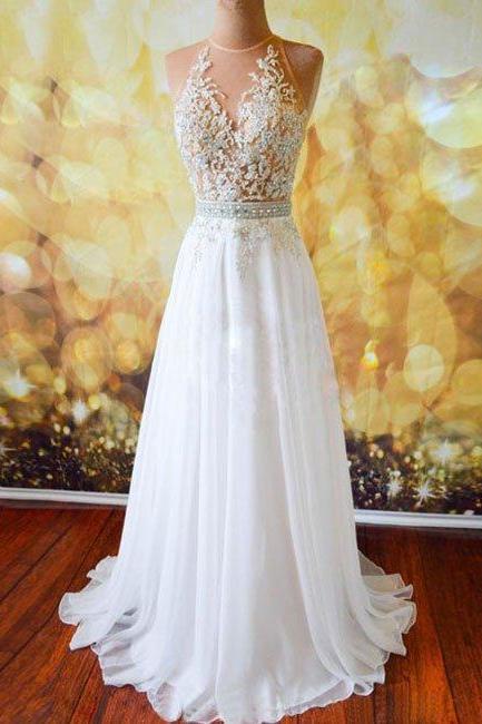 Sexy Back Open Sheer Scoop Neck White Chiffon Prom Dresses A Line Party Dress, Lace Prom Gowns .wedding Summer Gowns