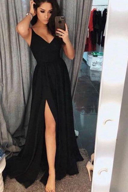 Black Chiffon Long Prom Dresses With Slit Fashion Women Prom Gowns V-neck Formal Party Dress