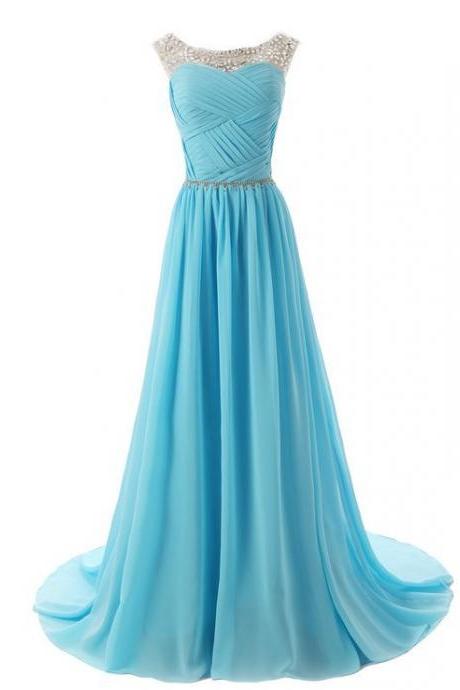 Vintage Beaded Scoop Long Prom Dresses Ruffle Fashion Women Party Gowns ,wedding Guest Gowns .a Line Prom Dress Sky Blue