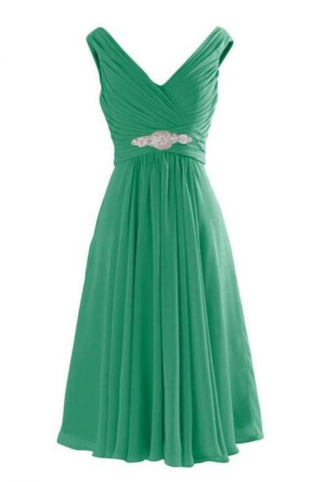 Sexy V-neck Ruffle Green Chiffon Short Homecoming Dresses Knee Length Beaded Sash Mini Bridesmaid Gowns