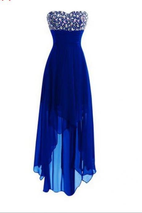 A Line Crystal Beaded Royal Blue High Low Prom Dresses, Women Party Gowns .hi-ho Homecoming Dress
