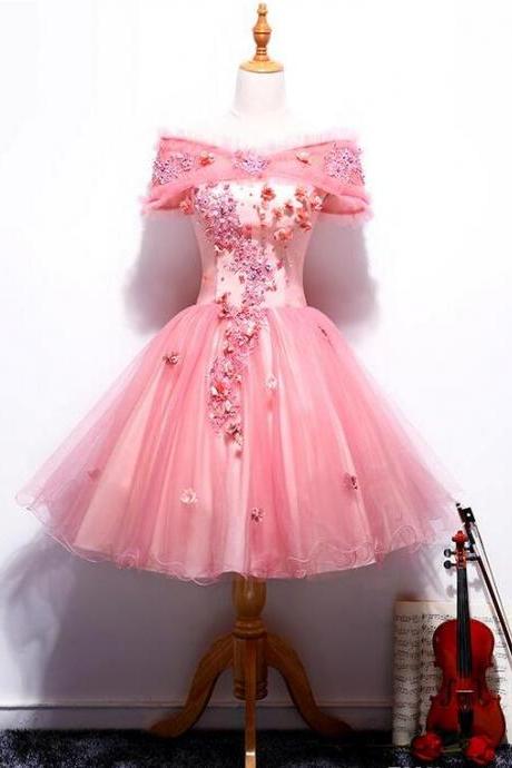 Ball Gowns Short Pink Organza Homecoming Dresses With Lace Appliqued Beaded 2018 Off Shoulder Mini Prom Party Gowns