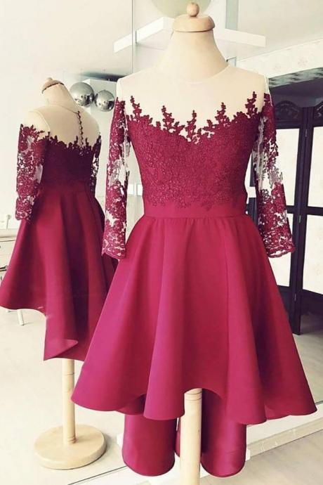Vintage Burgundy Satin Hi-ho Homecoming Dress With 3/4 Sleeve A Line Women Prom Dress O-neck Sheer Pageant Gowns
