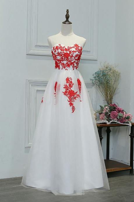 White Tulle Formal Prom Dress With Red Lace Appliqued 2019 Sexy A Line Long Evening Prom Gowns