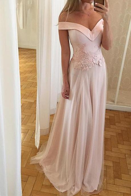 A Line Light Pink Tulle Long Prom Dresses Fashion Off Shoulder Women Evening Dress