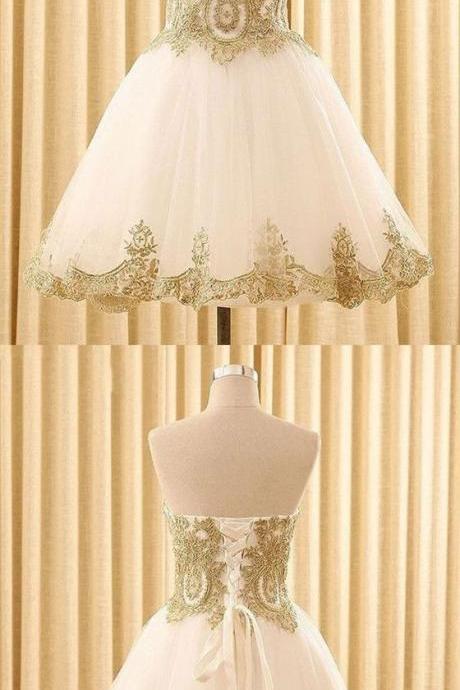 A Line Gold Lace Short Homecoming Dress With Appliqued Sweet 16 Prom Dresses Fashion Women Pageant Gowns