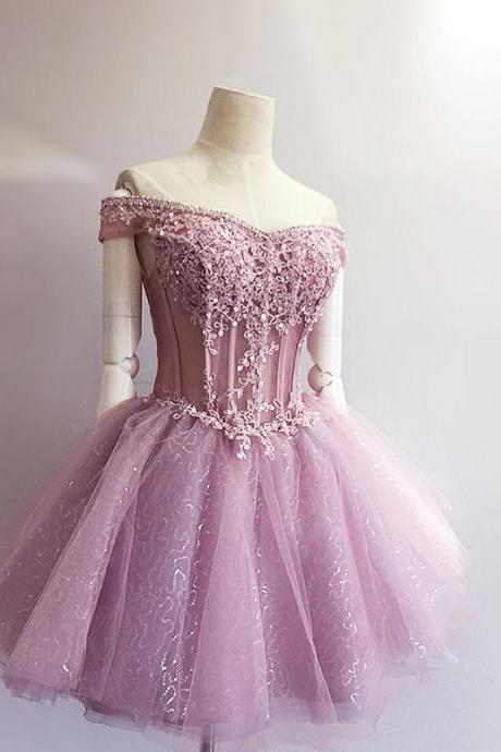 Sexy Light Purple Lace Beaded Short Homecoming Dress Ball Gown Women Prom Gowns ,off Shoulder Cocktail Gowns , Party Gowns