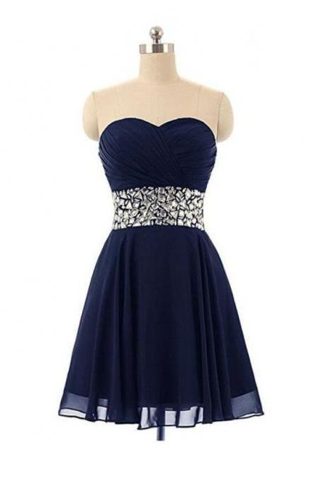 A Line Navy Blue Chiffon Short Homecoming Dress Crystal beaded Mini Prom Gowns , Women Party Gowns 