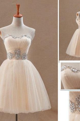 Light Champagne Beaded Tulle Short Homecoming Dresses Ball Gown Mini Cocktail Party Gowns ,sweet 16 Prom Dress