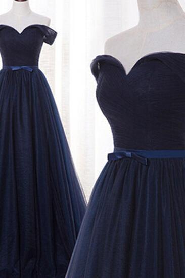 Sexy A Line Navy Blue Tulle Long Prom Dress Floor Length Wedding Party Gowns ,off Shoulder Prom Gowns , Prom Gowns