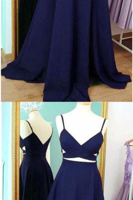 Sexy A Line Two Pieces Prom Dress Long Navy Blue Satin Formal Evening Dresses