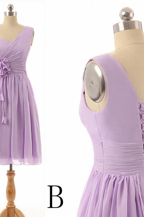 Sexy Lavender Chiffon Ruffle Homecoming Dress With Hand Made Flowers Women Party Gowns ,knee-length Bridesmaid Dress