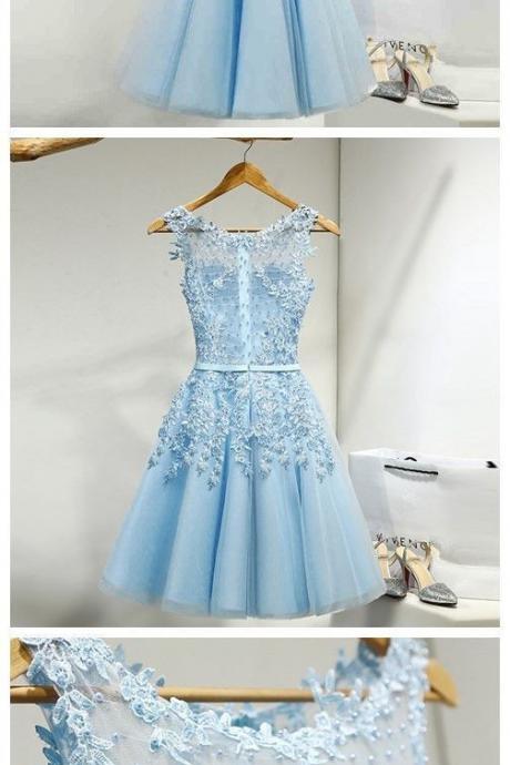 Sky Blue O-neck Lace Prom Dress Short Lace Beaded Mini Homecoming Dresses With Sash , Women Party Gowns