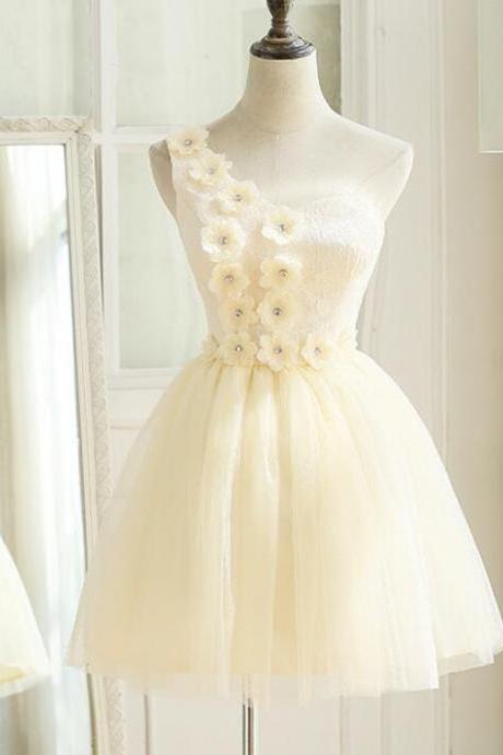 New Arrival One Shoulder Light Champage Organza Short Homecoming Dress A Line Party Gowns With Flowers 