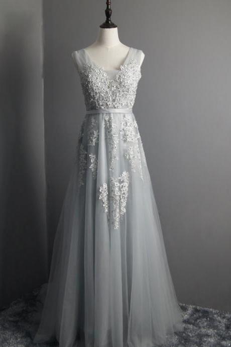 Elegant Gray Lace Prom Dress With Beaded Women Evening Party Gowns ,a Line Long Prom Gowns , Sexy Women Party Gowns