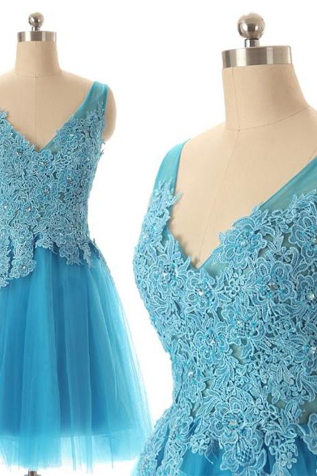 Blue Lace Appliqued Beaded Lace Prom Dress Short, Sexy V-neck Short Homecoming Dress, Women Cocktail Party Dress Mini