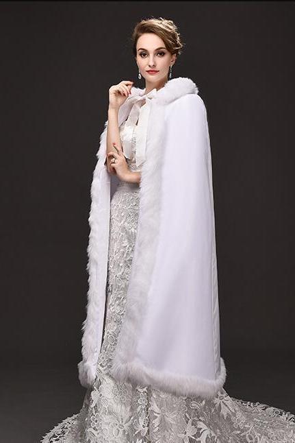 New Arrival White Winter Wedding Jackets Faur Fax Long Coats For Bridal With Hats ,Women Wedding Jackters Wedding Accessories Women Shawel