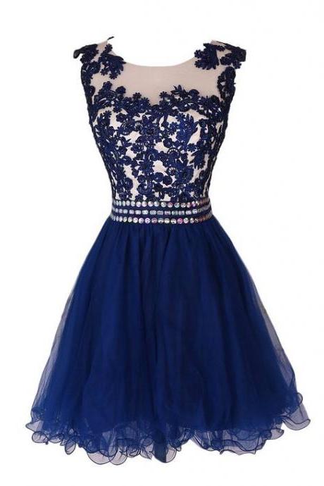 New Arrival Royal Blue Lace Prom Dress Off Shoulder Tulle Homecoming Dress Mini Beaded Cocktail Party Gowns 