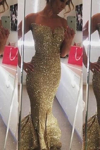 Shiny Gold Sequin Long Prom Dress Mermaid Of Shoulder Women Bridesmaid Dress Plus Size Maid Of Honor Gowns , Women Party Gowns