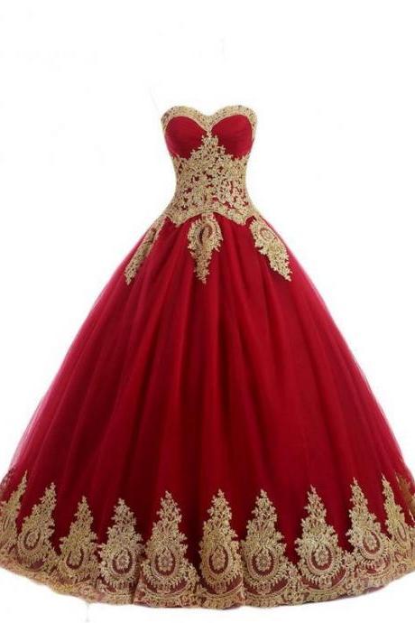 Sweet 16 Prom Dress Red Tulle Ball Gown Quinceanera Dress Gold Lace Long Quincean Gowns Off Shoulder