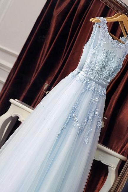 Floor Length Sky Blue Lace Prom Dress Long A Line Women Evening Gowns , Sexy Fashion Pageant Gowns