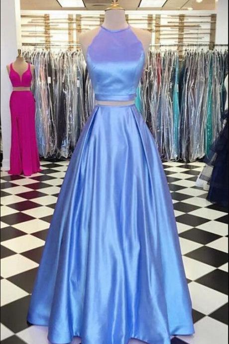 Simple Two Pieces Sky Blue Long Prom Dress High Neck Women Prom Gowns ,Cheap Evening Dress 