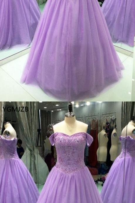 Plus Size Women Lavender Tulle Long Ball Gown Prom Dress Fashion Beaded Pricess Quinceanera Dresses
