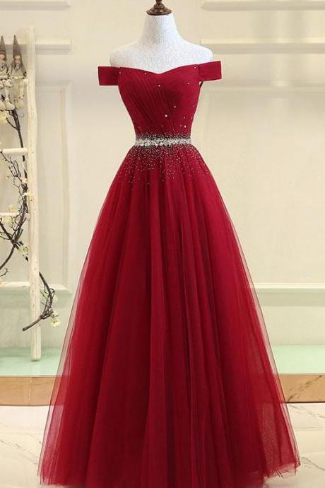 Shiny Beaded Burgundy Tulle Long Prom Dress A Line Prom Party Gowns Women Prom Dresses