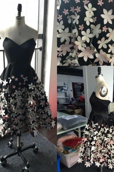 Sweet 16 Prom DRESS sHORT, knee Length Black Homecoming Dress Short , Women Party Dress With Flowers 3D 