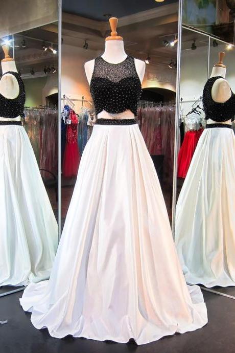 Luxury Beaded White And Black Long Prom Dress Women Party Gowns A Line Wedding Pageant Gowns ,sexy A Line Prom Gowns
