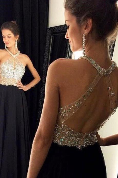 Shiny Beaded Crystal Black Chiffon Halter Long Prom Dress A Line Formal Prom Dress, Women Pageant Gowns