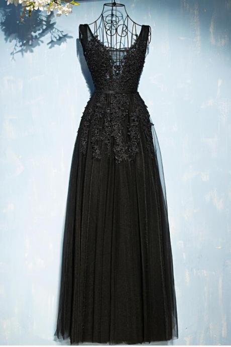 Black Lace Beaded Long Prom Dress Sexy Back Open Formal Prom Gowns Women Pageant Gowns